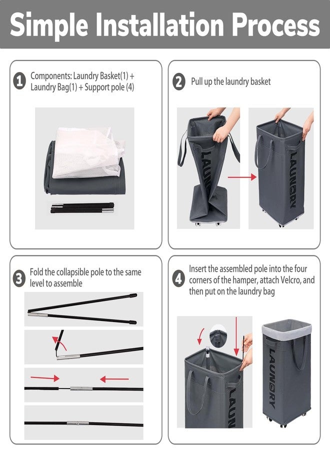 Goodpick Laundry Basket with Wheels, Laundry Hamper with Removable Wash Bag, Clothes Hamper, Rolling Laundry Basket, Dorm Room Essentials, 75L, Grey - Image 2